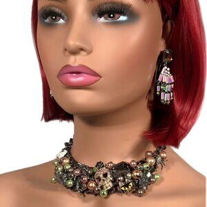 Betsey Johnson Halloween Statement Bib Necklace Skull Spider Cat Ghost Glow Bead
